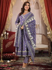 Floral Print Cotton Kurta With Pants & Dupatta