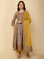 Floral Block Printed Anarkali Kurta With Pants & Dupatta