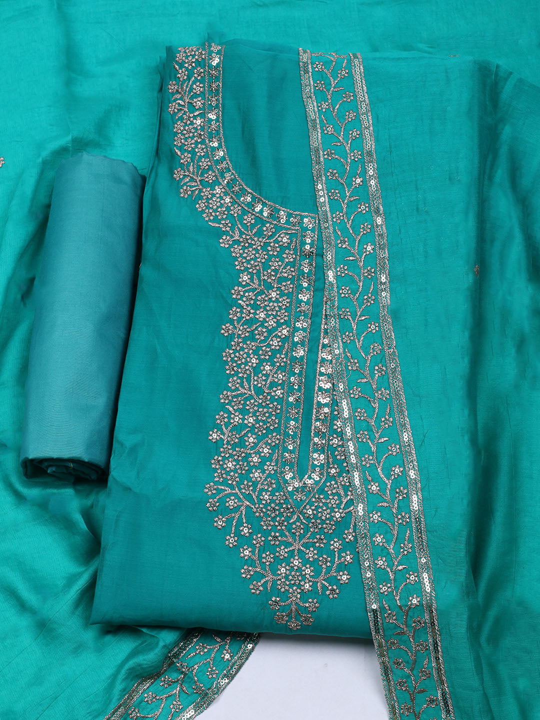 Neck Embroidered Chanderi Unstitched Suit With Dupatta