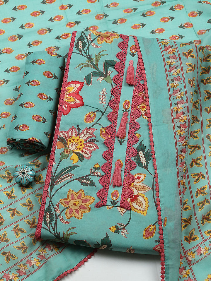 Embroidered Cotton Blend Unstitched Suit With Pant &amp; Dupatta