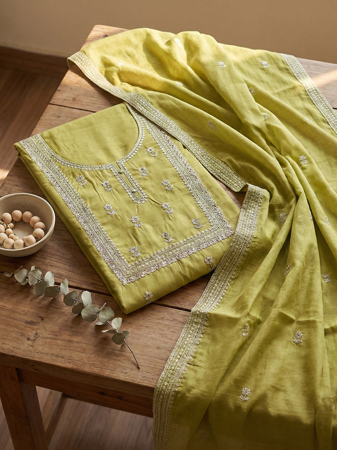 Embroidered Cotton Blend Unstitched Suit With Pant &amp; Dupatta