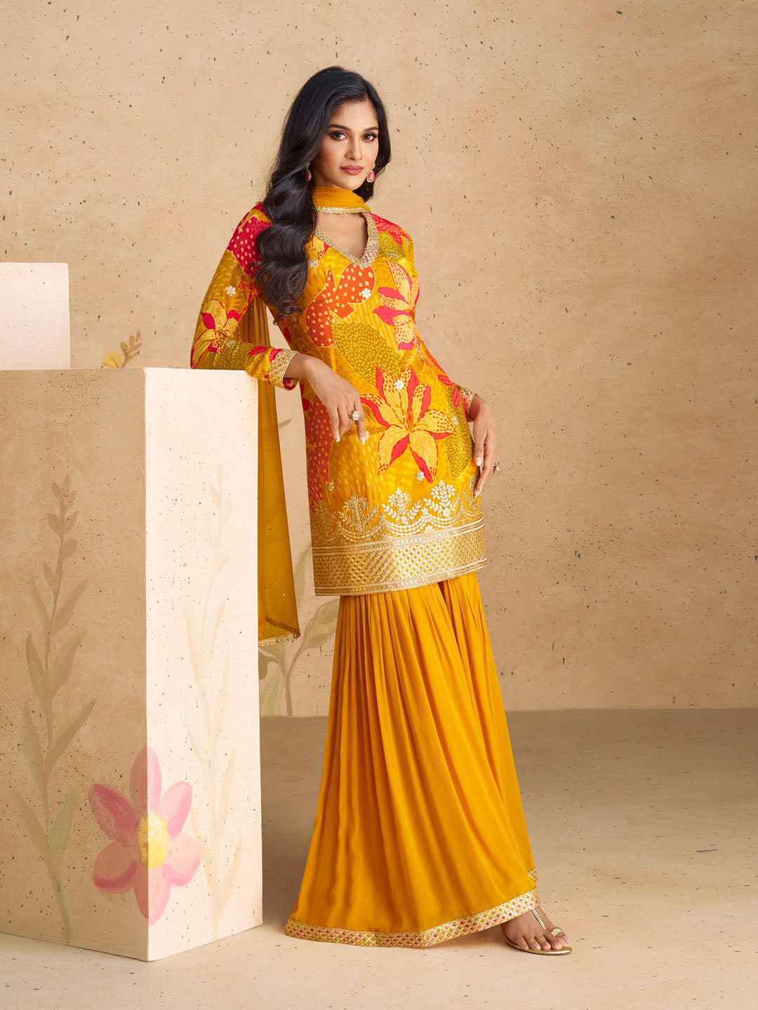 Embroidered Sequin Chinnon Silk Kurta With Sharara And Dupatta