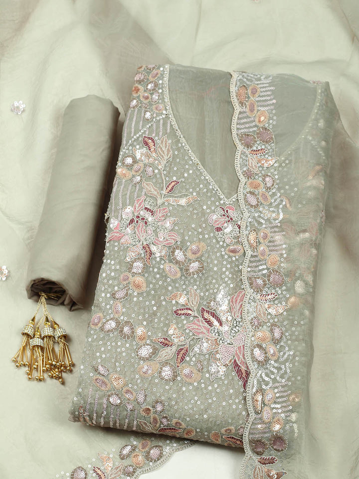 Embroidered Organza Unstitched Suit With Pant &amp; Dupatta