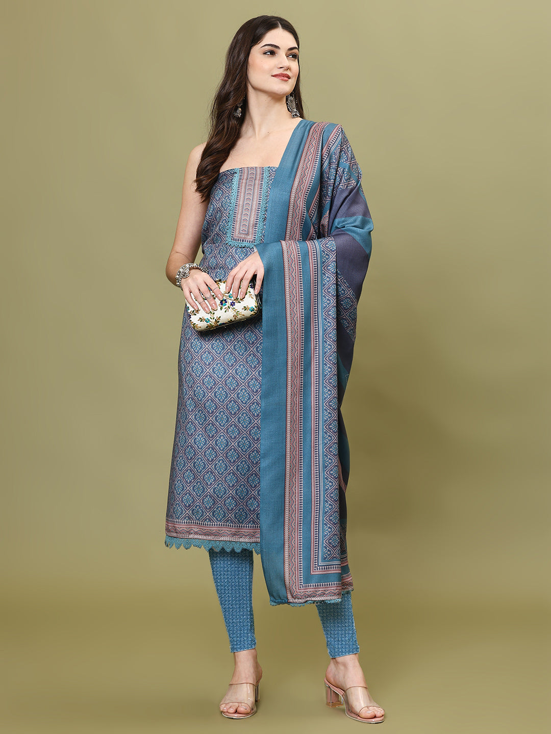 Neck Patti Spun Unstitched Suit With Dupatta
