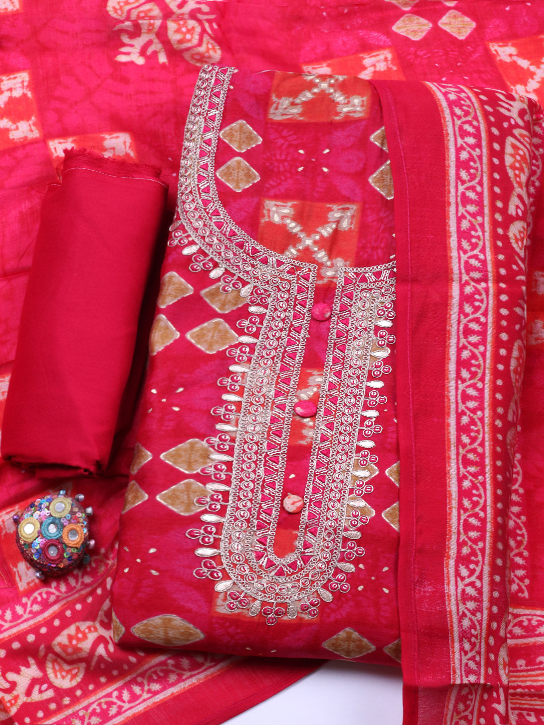 Embroidered Cotton Unstitched Suit With Pant &amp; Dupatta