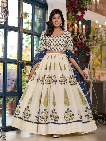 Floral Printed Cotton Choli With Lehenga & Dupatta