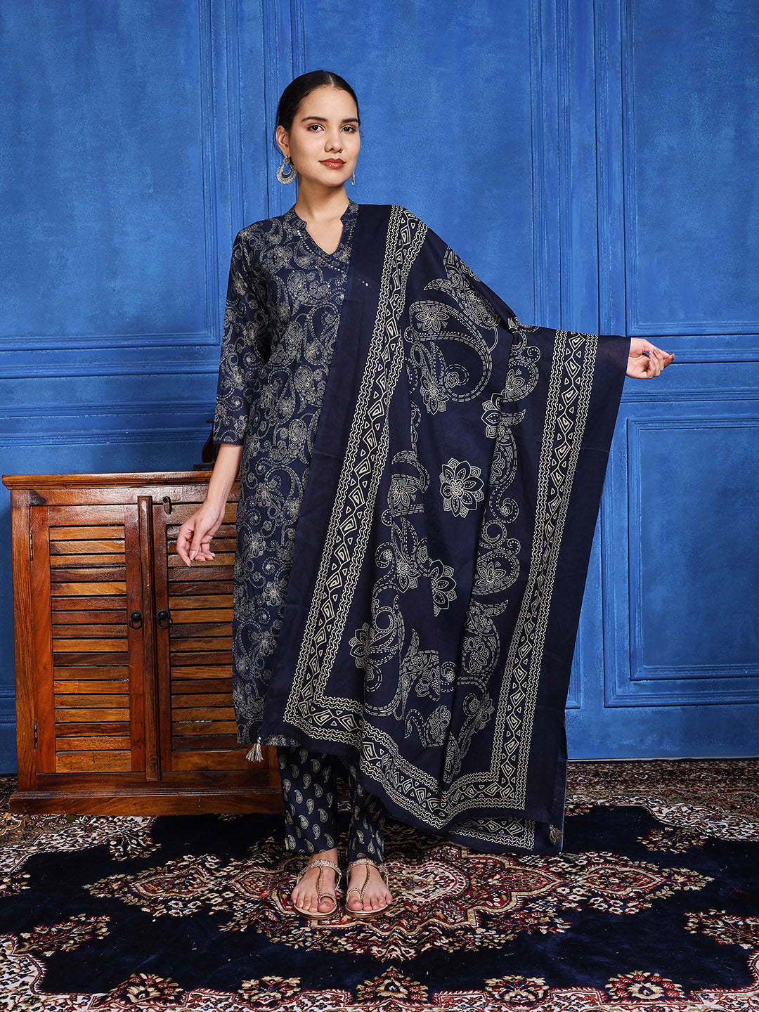 Printed Cotton Blend Kurta With Pants & Dupatta