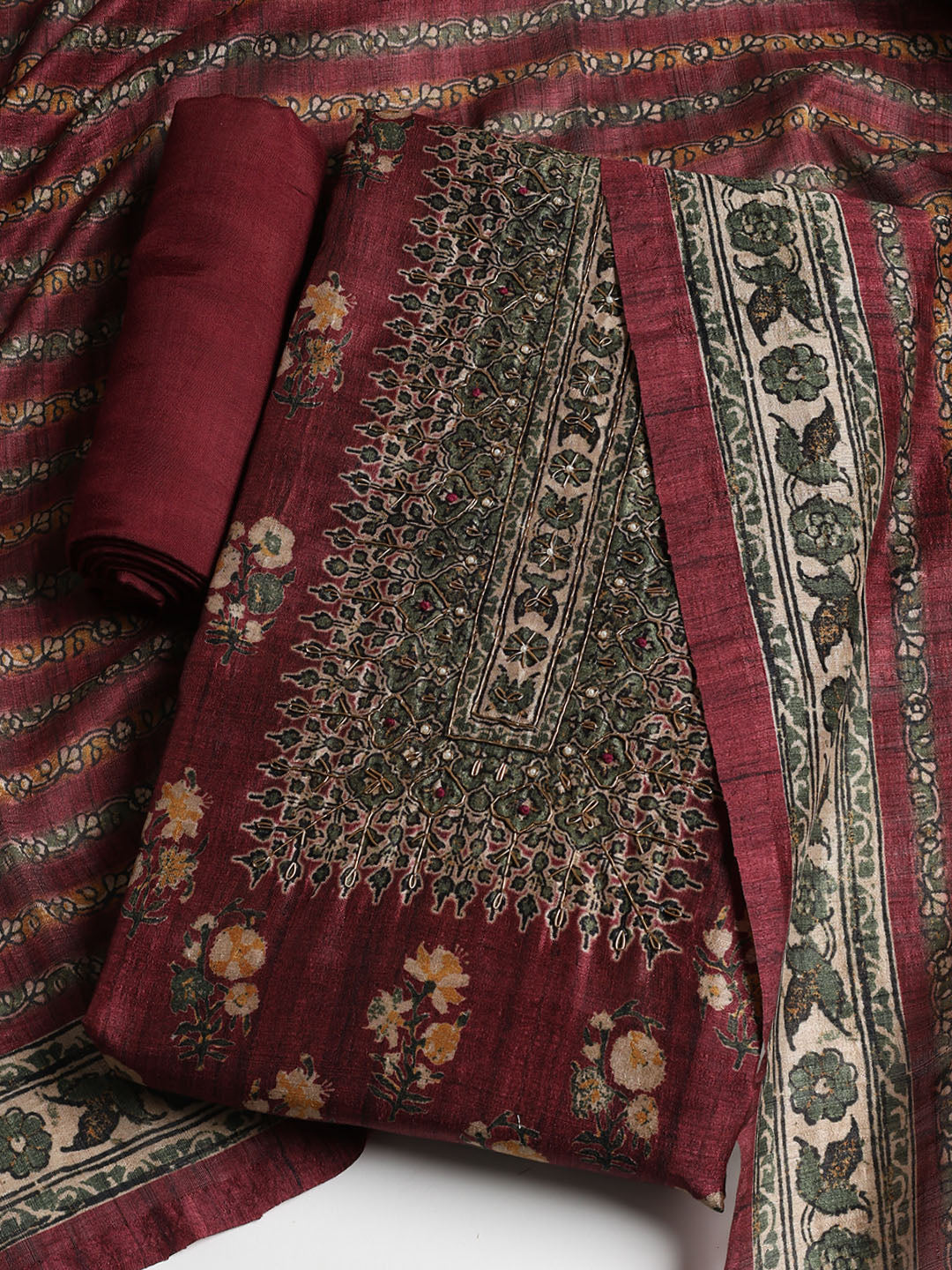 Printed Tussar Unstitched Suit With Dupatta
