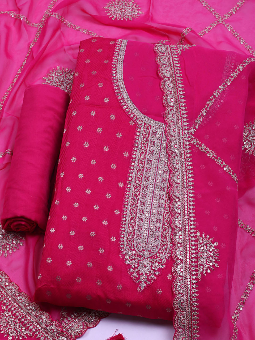 Neck Embroidered Chanderi Unstitched Suit With Dupatta