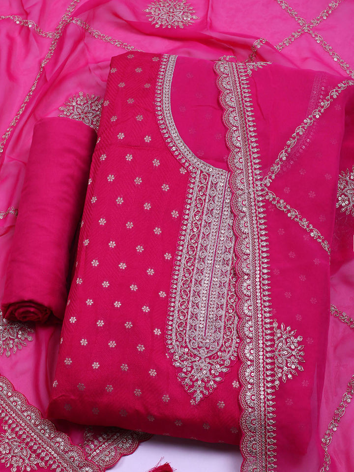 Neck Embroidered Chanderi Unstitched Suit With Dupatta