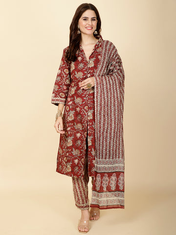 Block Print Cotton Suit Set With Dupatta