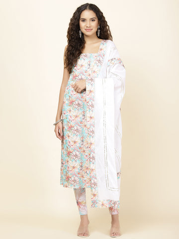 Printed Cotton Blend Unstitched Suit With Dupatta