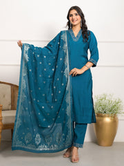 Neck Embroidered Chanderi Kurta With Pants & Dupatta