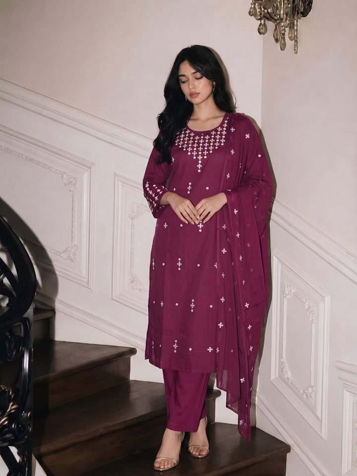 Wine Printed Cotton Blend Kurta With Pant &amp; Dupatta