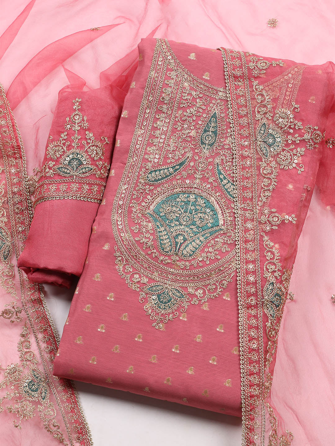 Neck Embroidered Chanderi Unstitched Suit With Dupatta