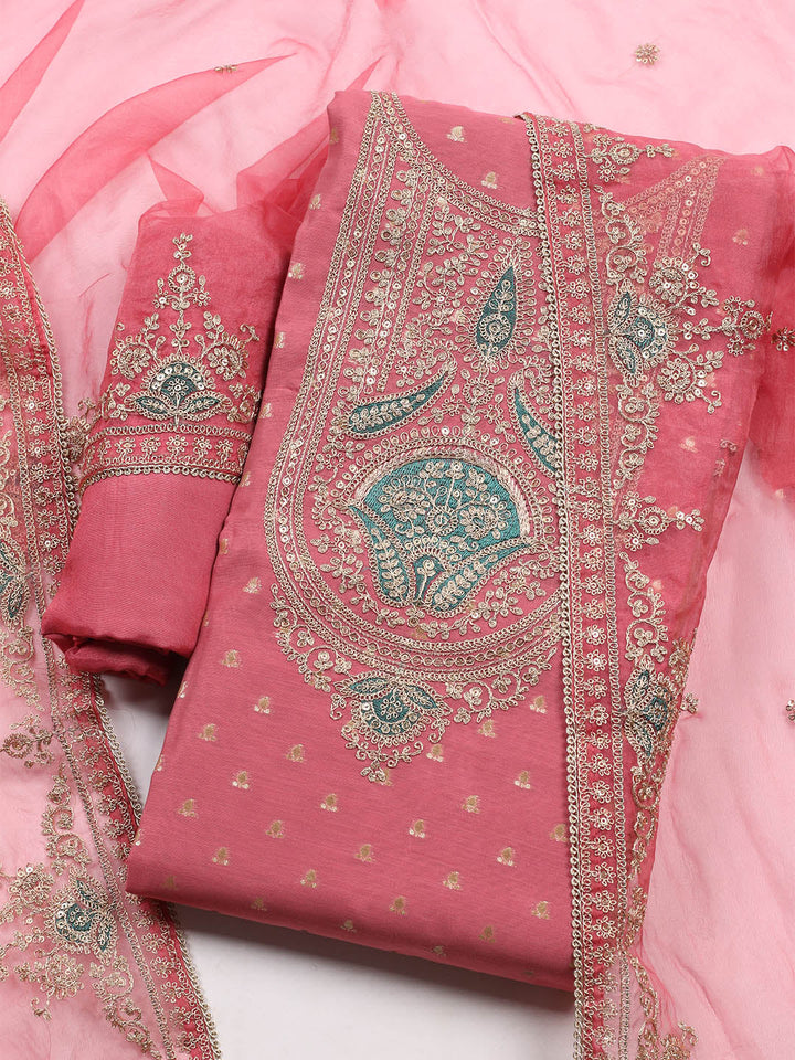Neck Embroidered Chanderi Unstitched Suit With Dupatta