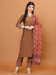 Neck Embroidery Muslin Kurta With Pants & Dupatta