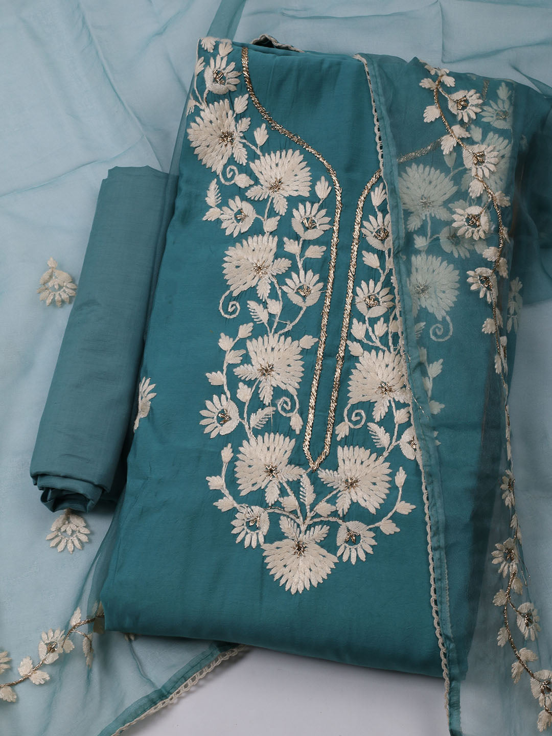 Neck Embroidered Chanderi Unstitched Suit With Dupatta