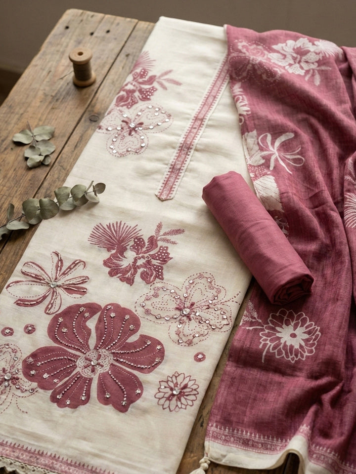 Embroidered Cotton Blend Unstitched Suit With Pant &amp; Dupatta