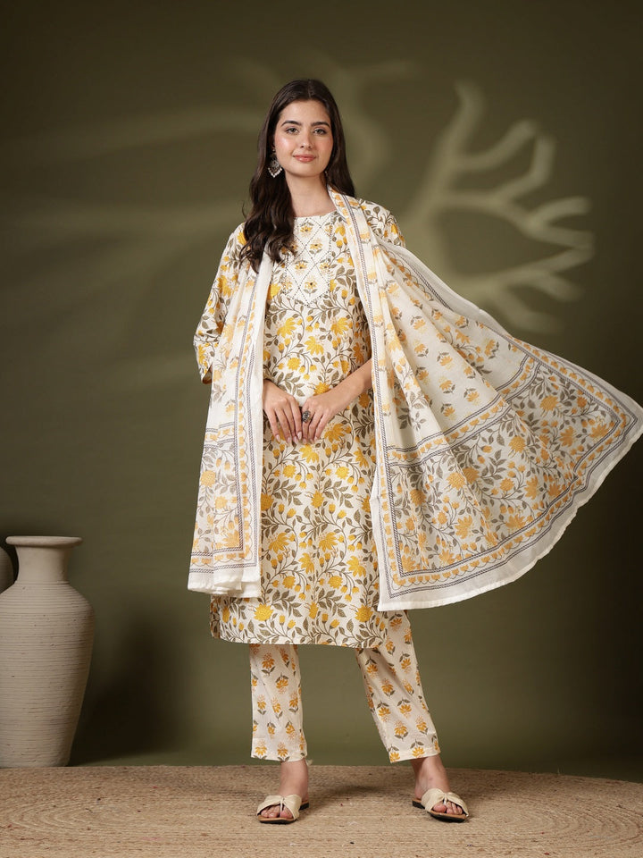 Printed Cotton Blend Kurta With Pant &amp; Dupatta