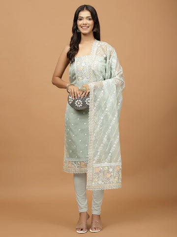 Neck Embroidered Organza Unstitched Suit Piece With Dupatta