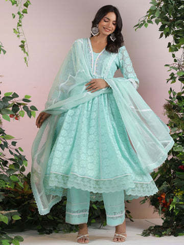 Cotton Blend Anarkali Embroidered Suit Set With Lace