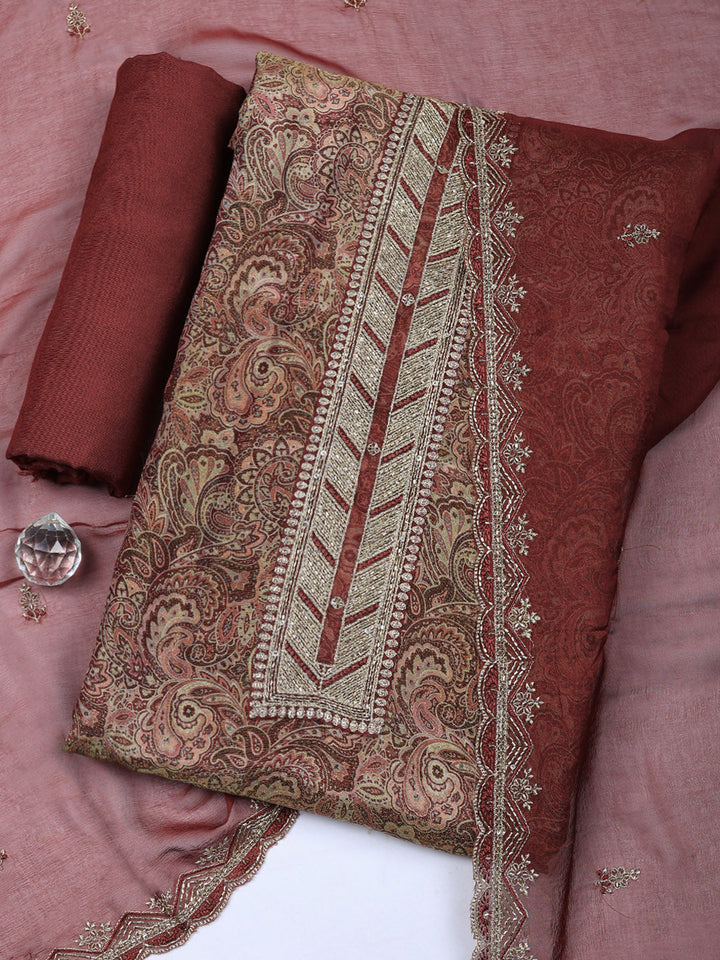 Embroidered Tissue Unstitched Suit With Pant &amp; Dupatta
