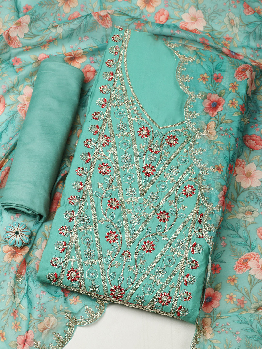 Embroidered Chanderi Unstitched Suit With Pant &amp; Dupatta