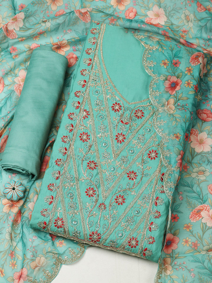 Embroidered Chanderi Unstitched Suit With Pant &amp; Dupatta