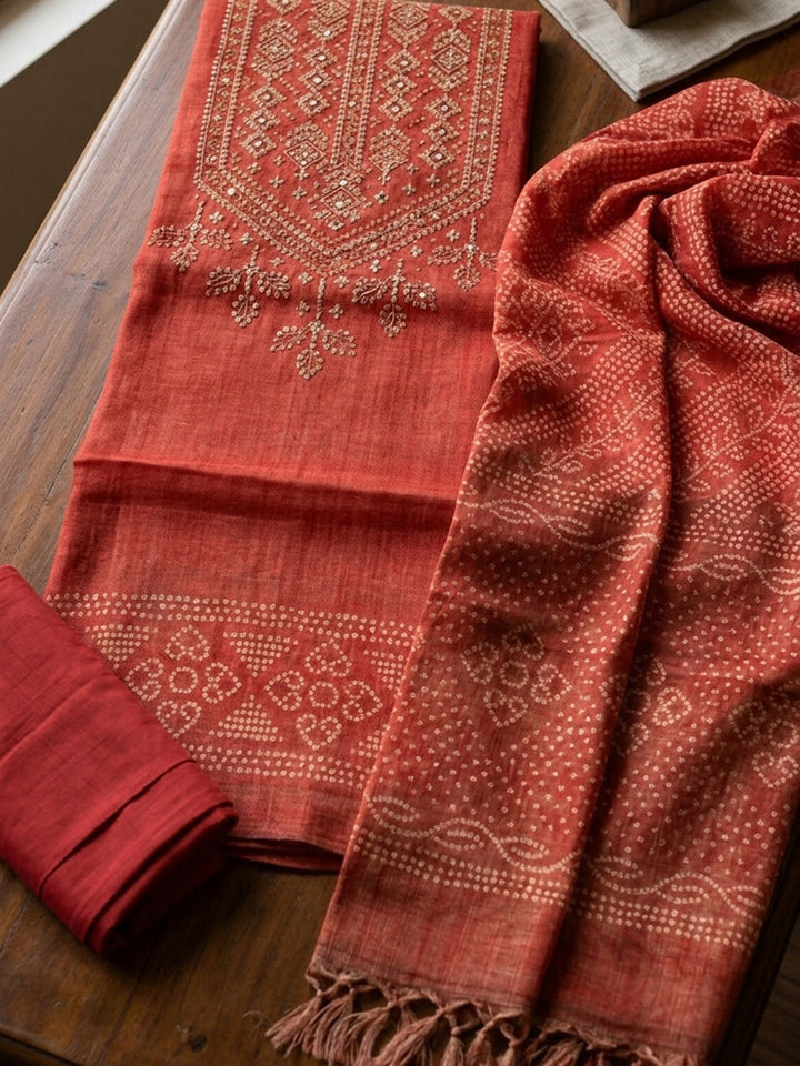 Embroidered Tissue Unstitched Suit With Pant &amp; Dupatta