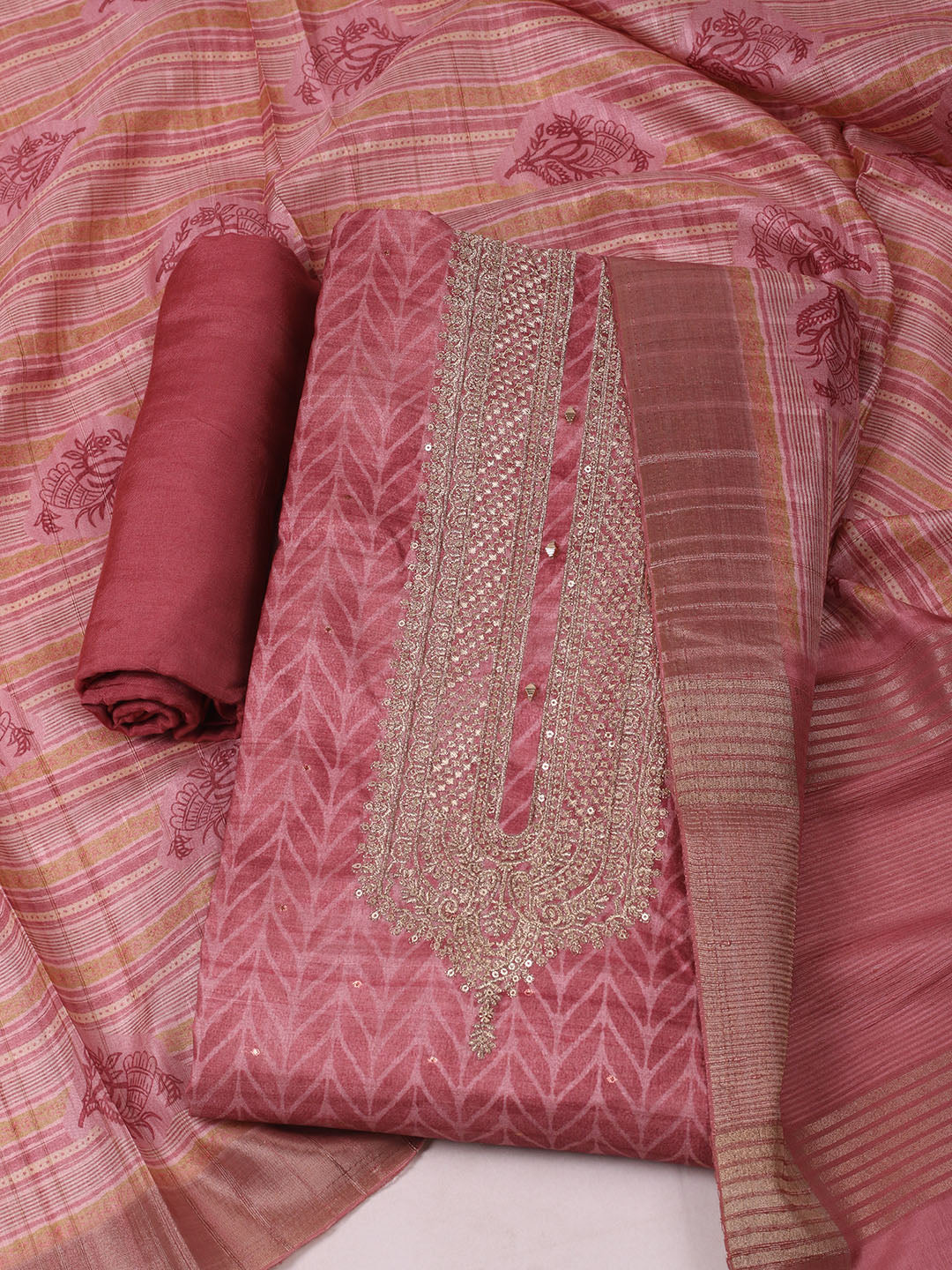 Embroidered Tussar Unstitched Kurta With Pant &amp; Dupatta