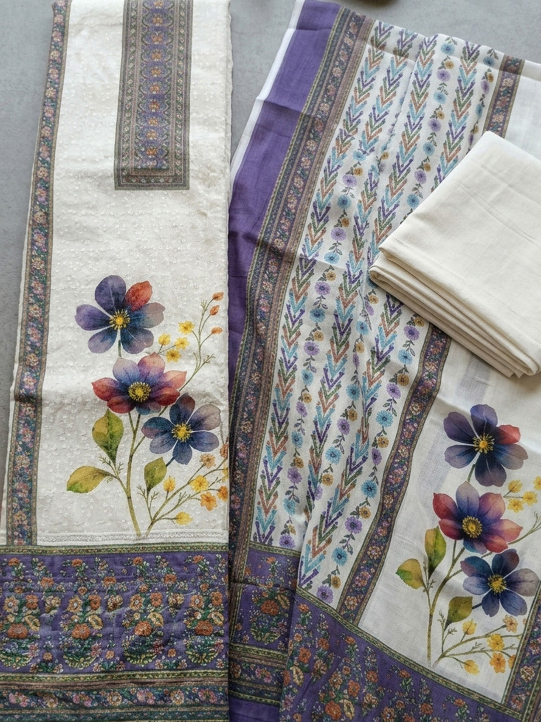 Embroidered Cotton Blend Unstitched Suit With Pant &amp; Dupatta