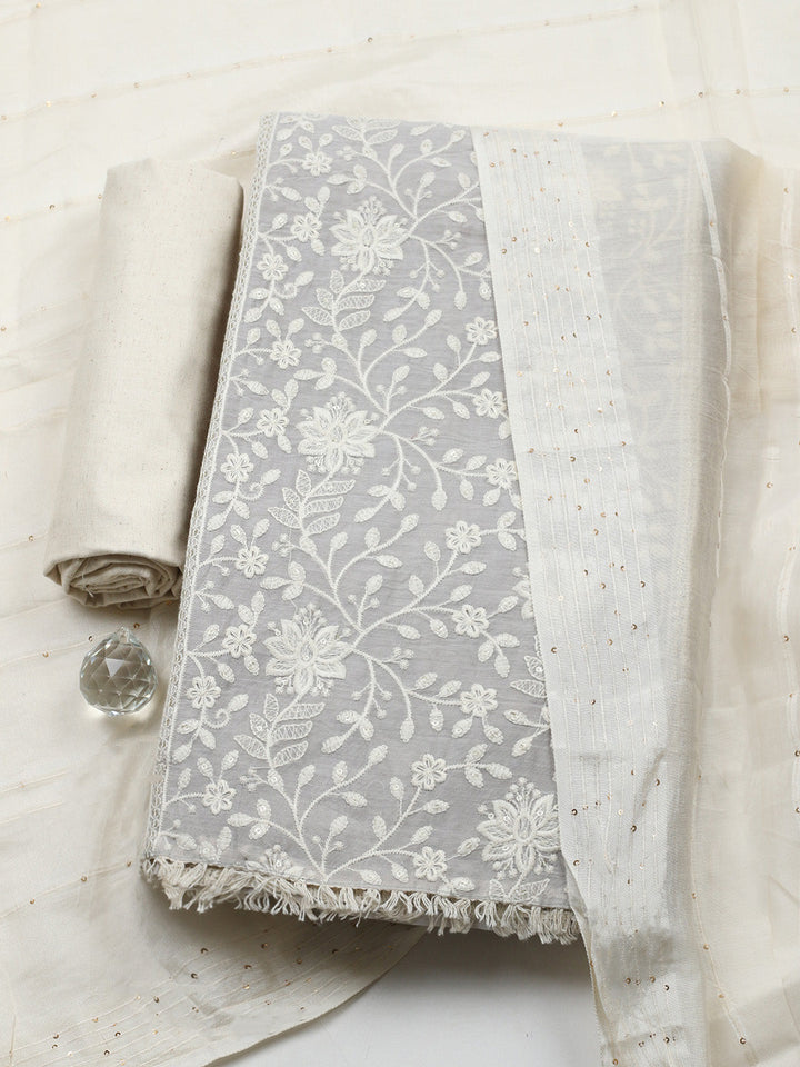 Embroidered Cotton Blend Unstitched Suit With Pant &amp; Dupatta