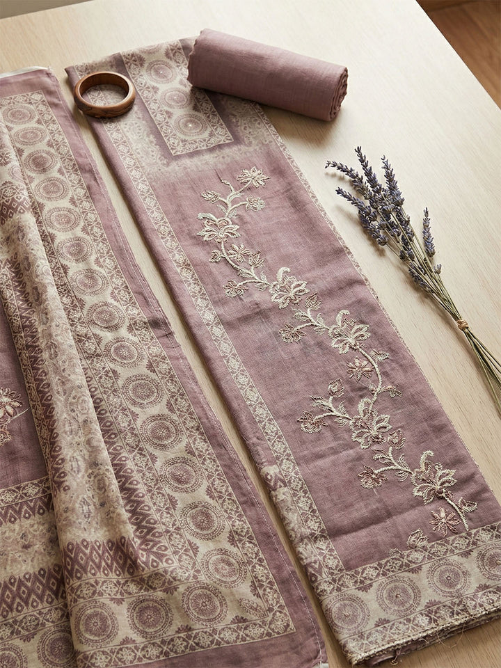 Embroidered Linen Blend Unstitched Suit With Pant &amp; Dupatta