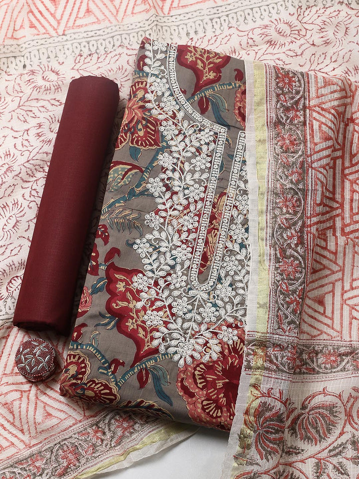 Printed Cotton Blend Unstitched Suit With Pant &amp; Dupatta