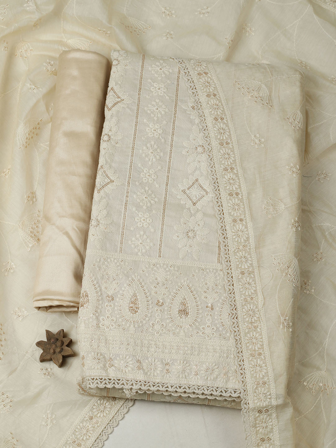 Embroidered Chanderi Unstitched Suit With Pant &amp; Dupatta