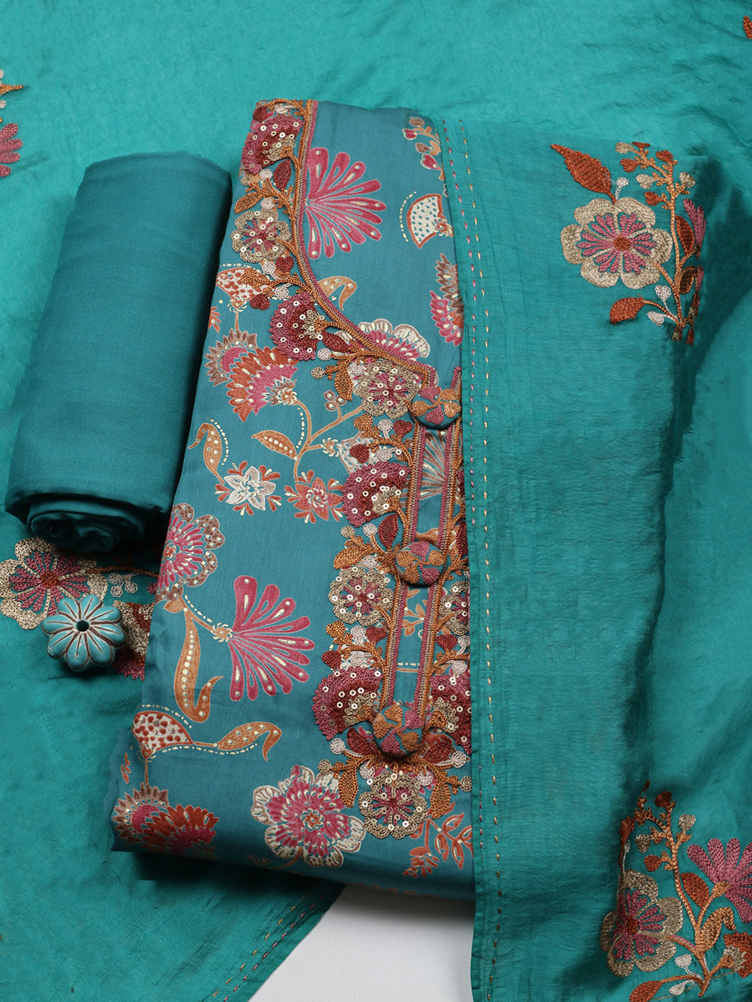 Embroidered Cotton Blend Unstitched Suit With Pant &amp; Dupatta