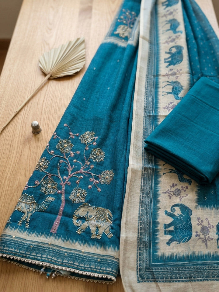 Embroidered Chanderi Unstitched Suit With Pant &amp; Dupatta