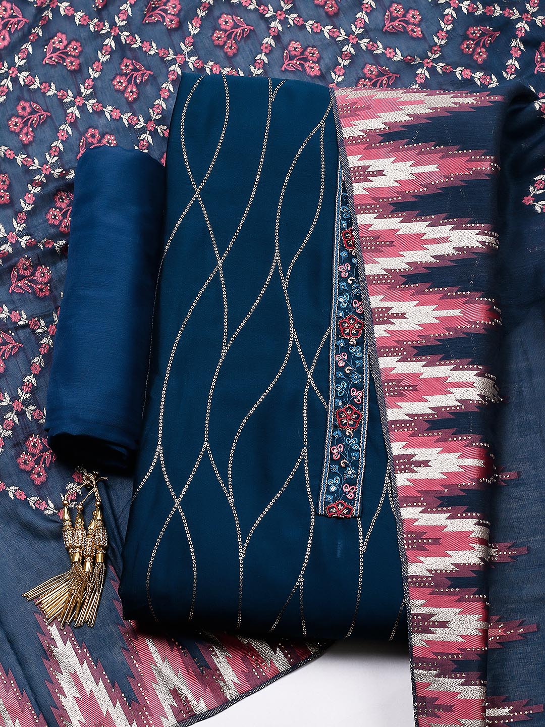 Embroidered Georgette Unstitched Suit With Pant &amp; Dupatta