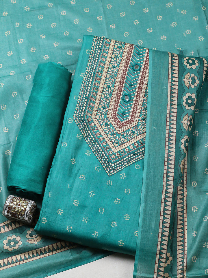 Printed Cotton Blend Unstitched Suit With Pant &amp; Dupatta