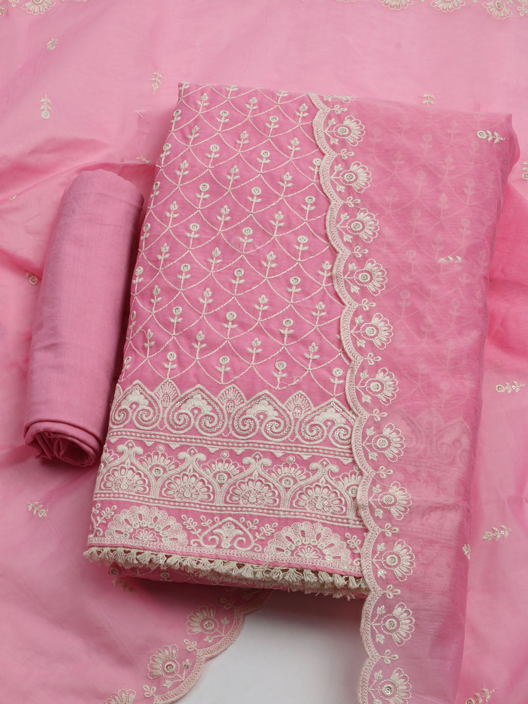 Embroidered Chanderi Unstitched Kurta With Pant & Dupatta