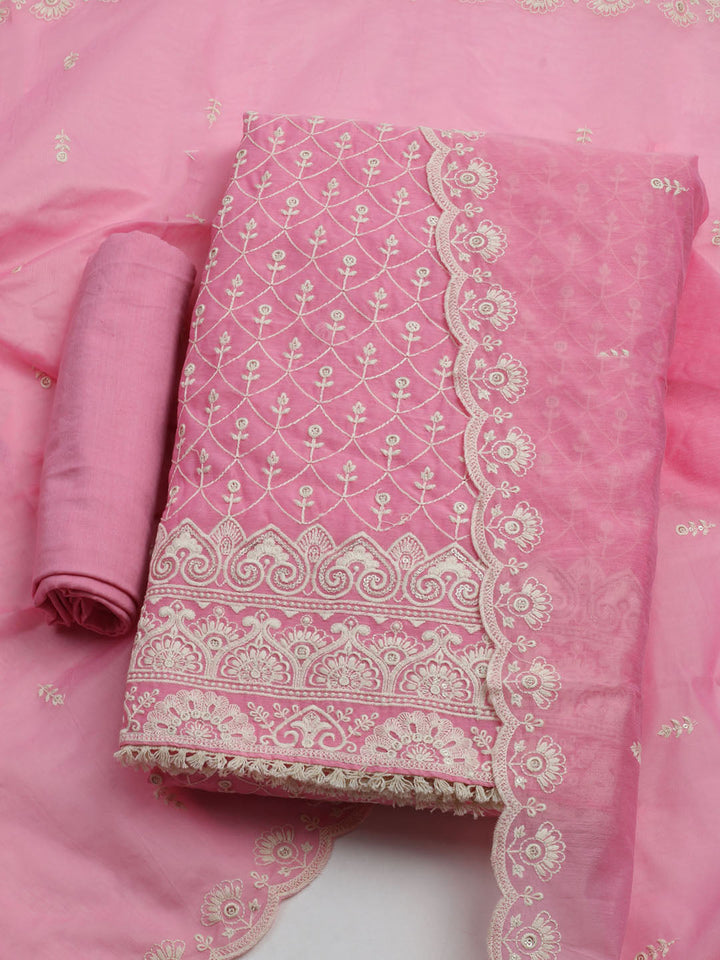 Embroidered Chanderi Unstitched Kurta With Pant &amp; Dupatta