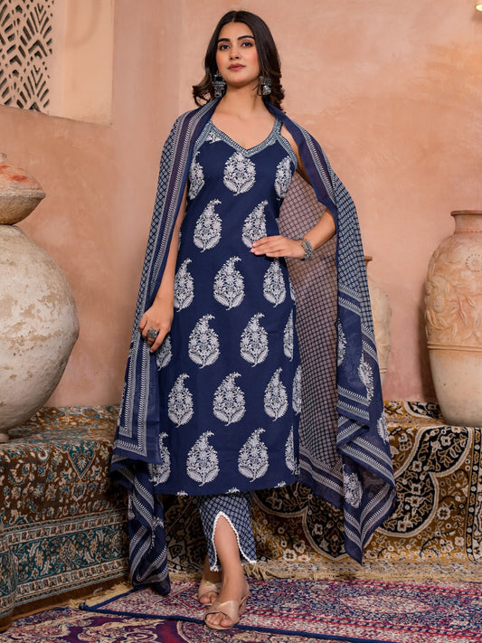 Printed Cotton Kurta With Pants & Dupatta