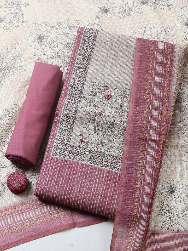 Embroidered Chanderi Unstitched Suit With Pant &amp; Dupatta