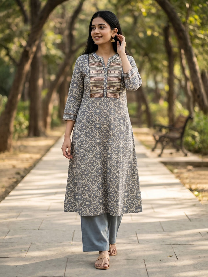 Embroidered Cotton Blend Kurta With Pant &amp; Dupatta