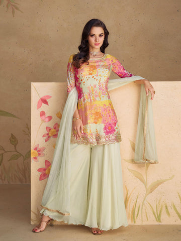 Embroidered Sequin Chinnon Silk Kurta With Palazzo And Dupatta