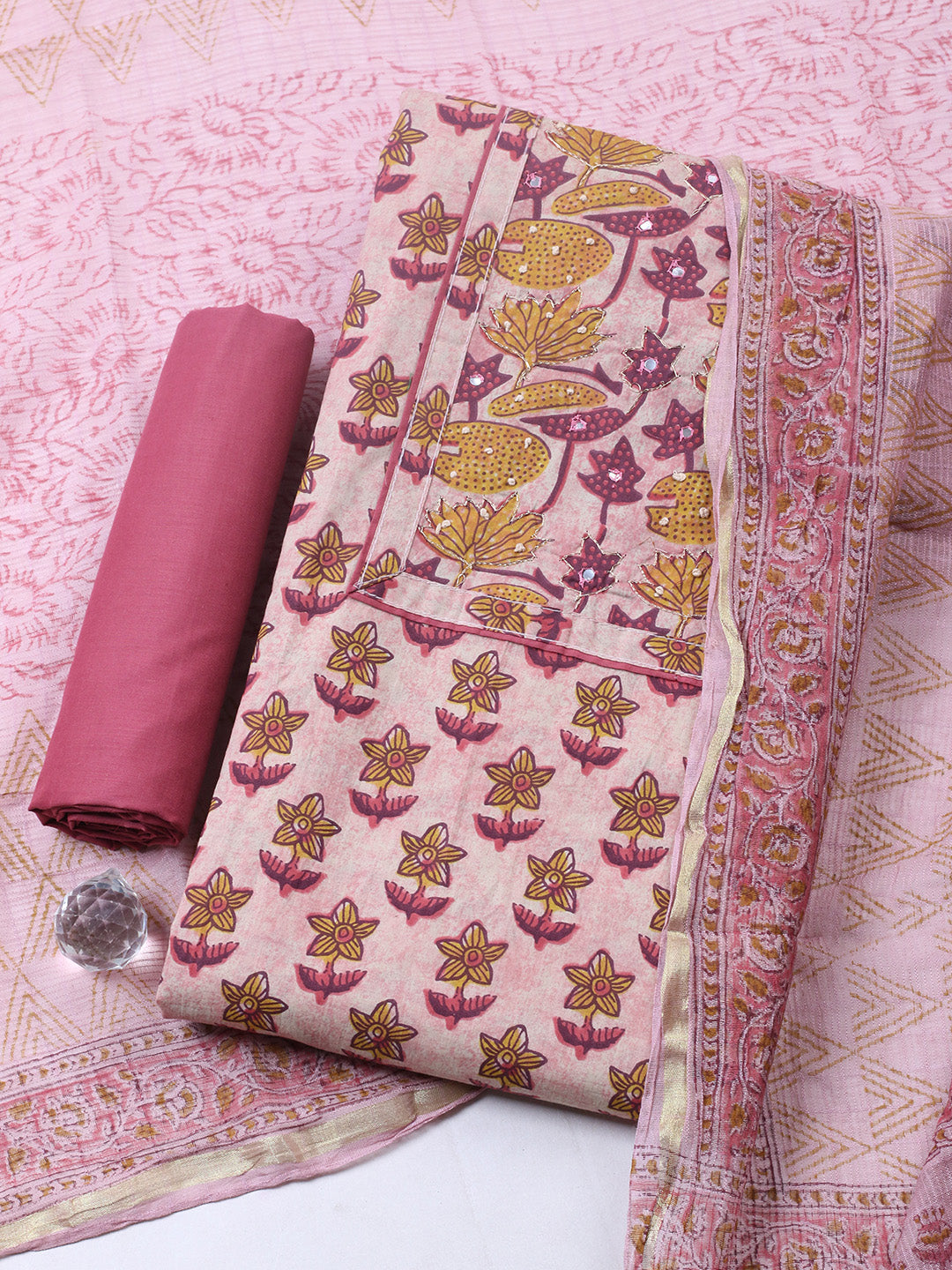 Printed Cotton Blend Unstitched Suit With Pant &amp; Dupatta