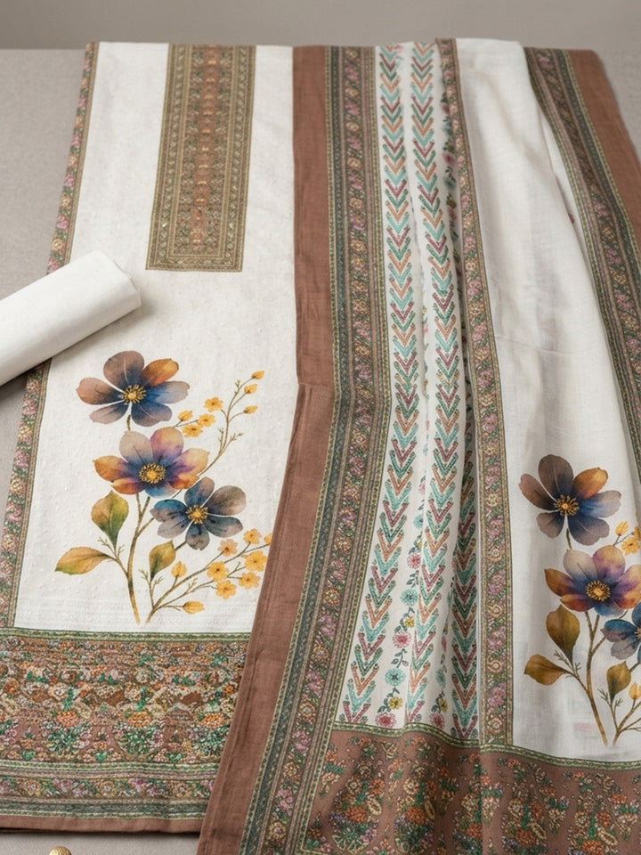 Embroidered Cotton Blend Unstitched Suit With Pant &amp; Dupatta