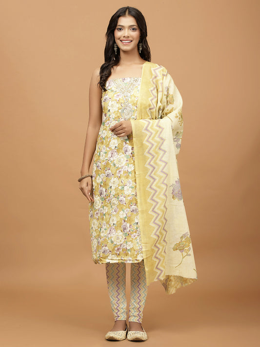 Neck Embroidered Cotton Blend Unstitched Suit With Dupatta