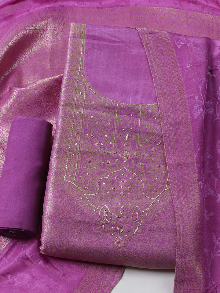 Embroidered Chanderi Unstitched Kurta With Pant &amp; Dupatta